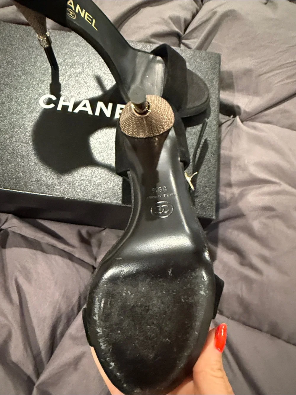 CHANEL Black Suede Ankle-Strap Stiletto Sandals